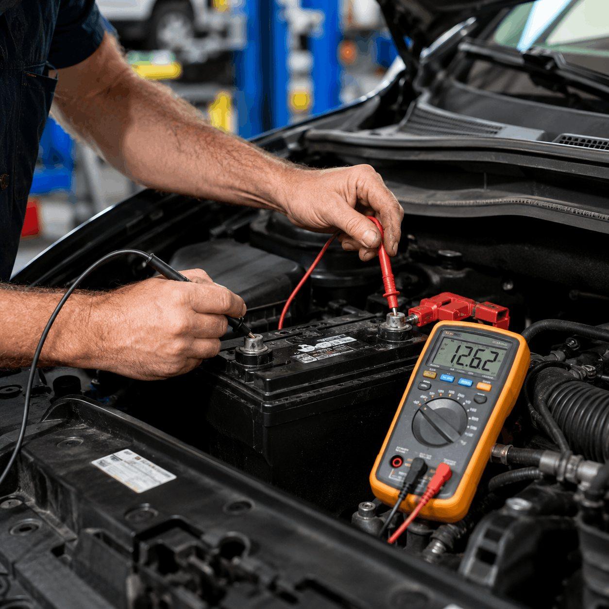 Close view of a car battery being tested with a meter