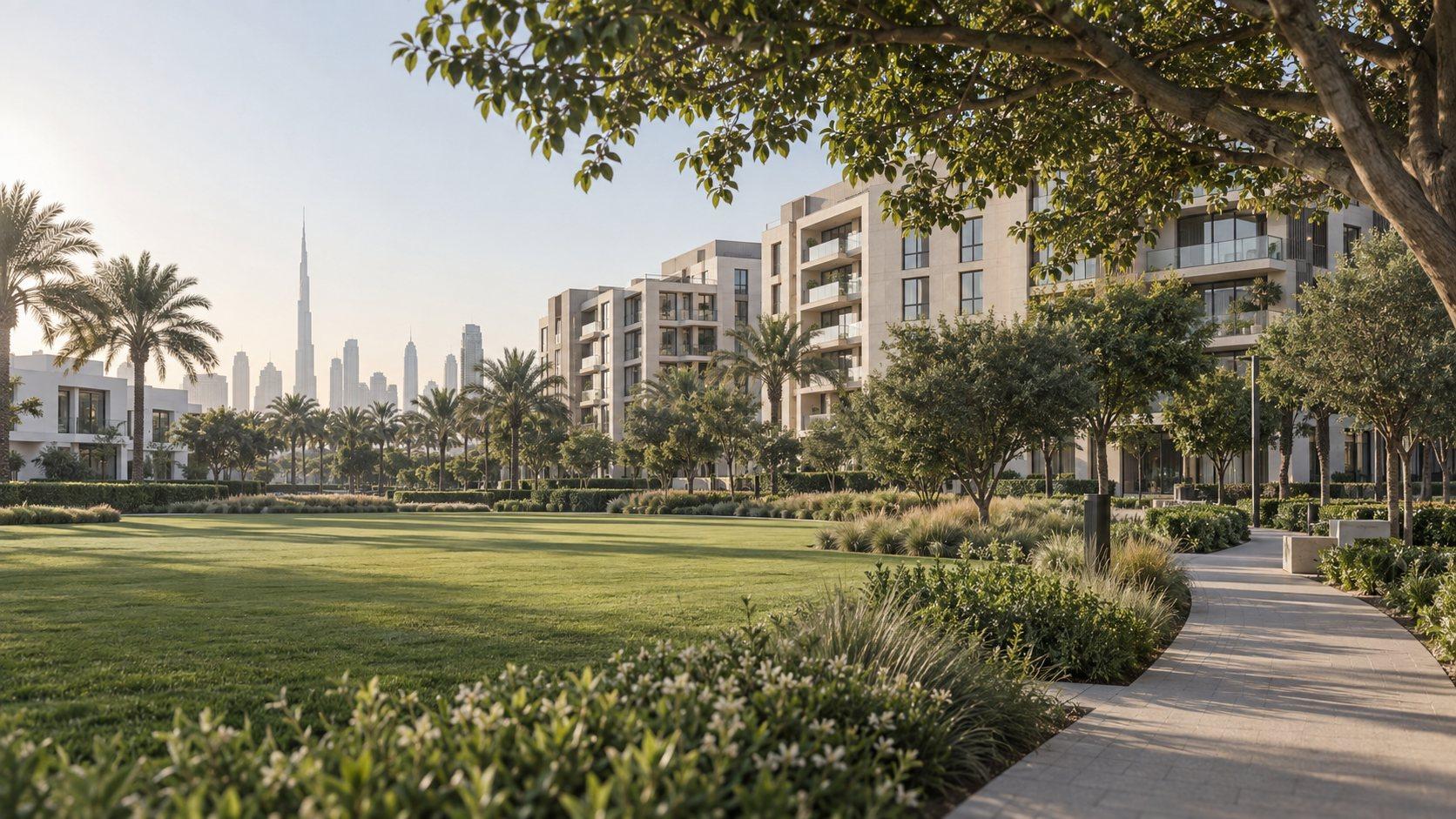 Illustrative view of landscaped parkland and contemporary residences in Dubai Hills